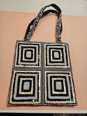Black & Gold Sequin Square-Panel Tote Bag